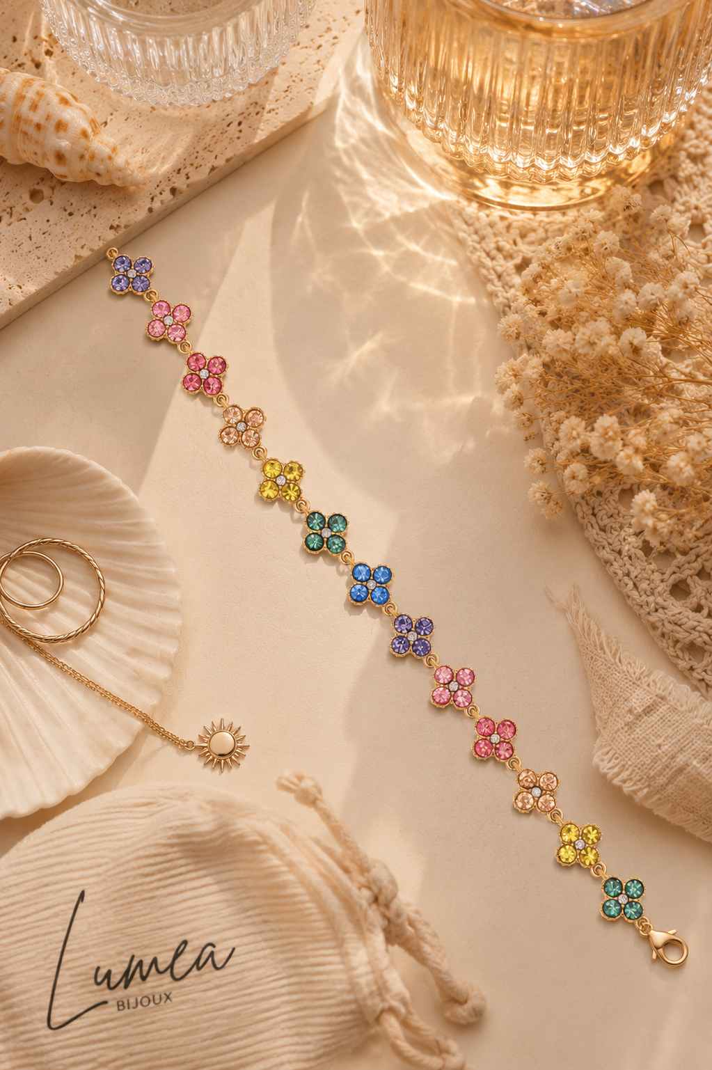 Collier Flora vert, bleu , blanc, rose, marron orange.